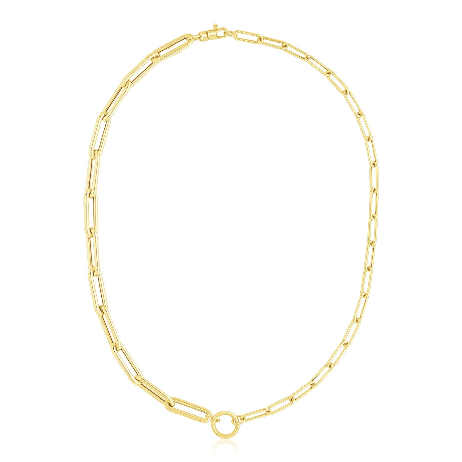 14k yellow gold high polish elongated paperclip chain necklace with a central circle link.