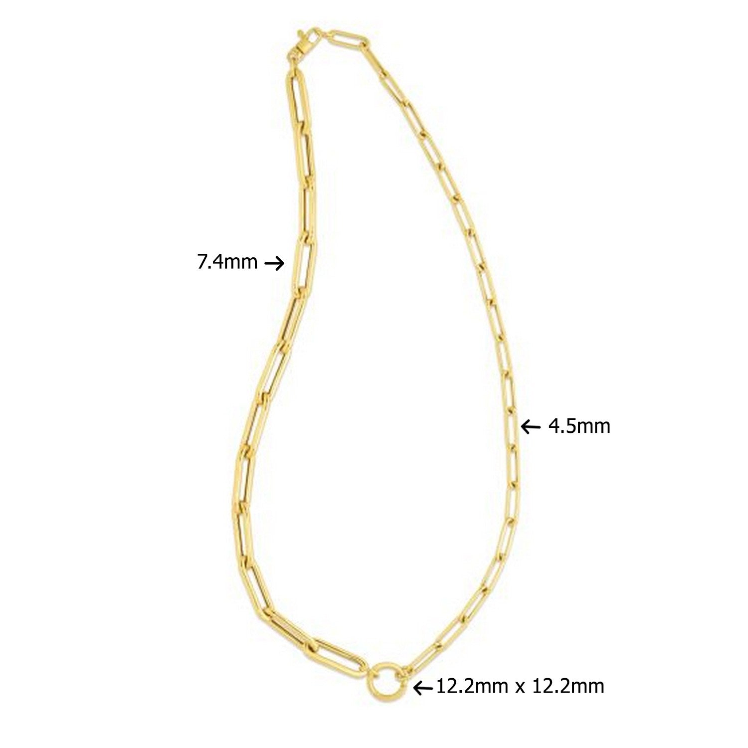 14k yellow gold elongated paperclip chain necklace with a central circle link.