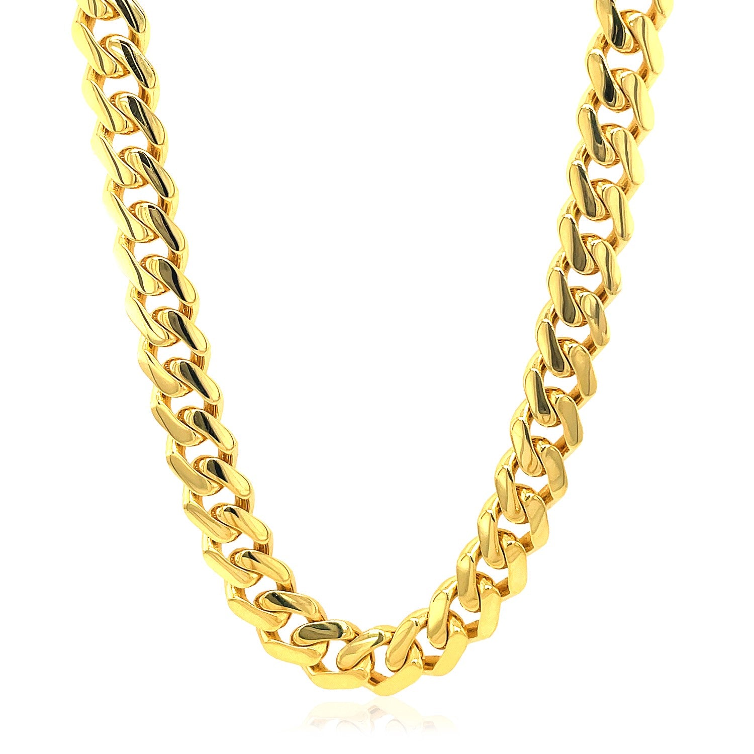 A polished 14k yellow gold Miami Cuban chain necklace.