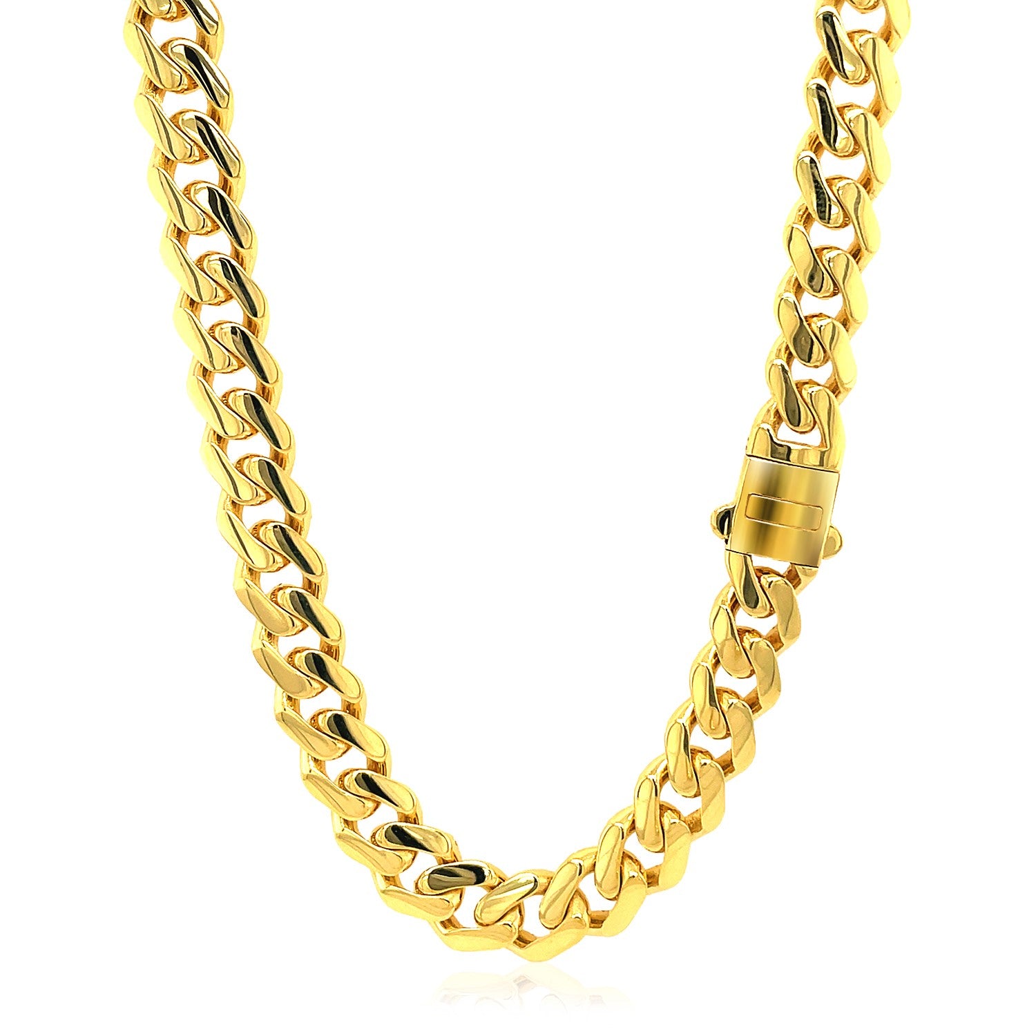 14k yellow gold polished Miami Cuban chain necklace with a box clasp.