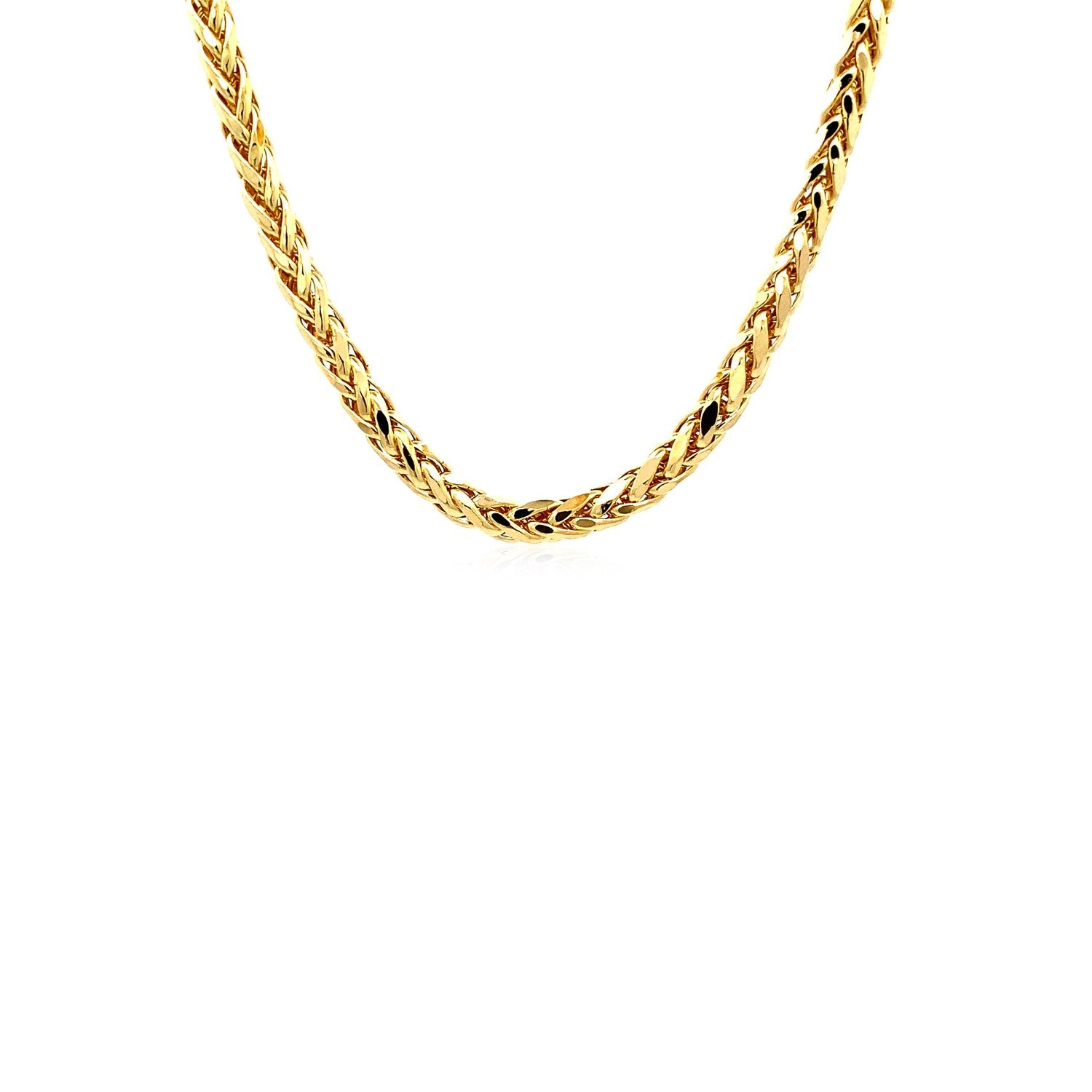 A 4.1mm 14k yellow gold diamond cut round Franco chain.