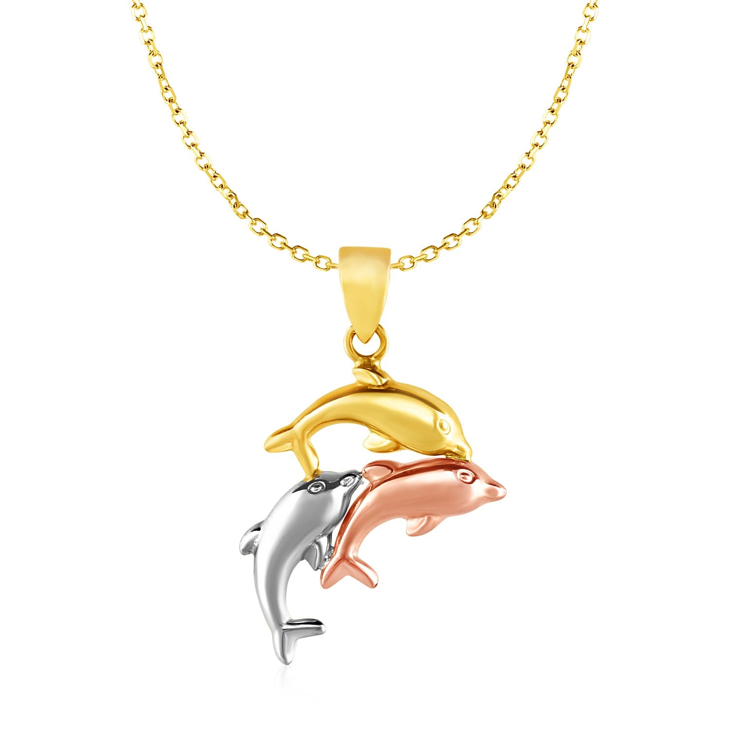 A tri-color gold pendant features three dolphins on an 18-inch cable chain.