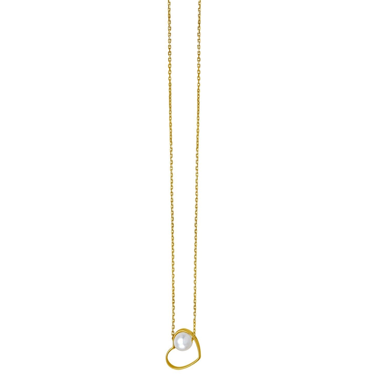 A 14K yellow gold open heart necklace with a freshwater pearl.