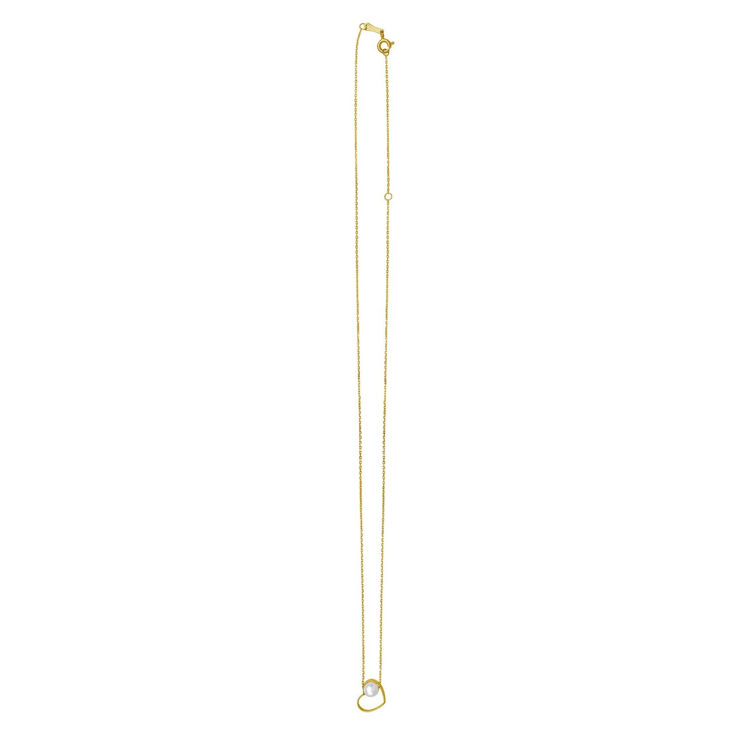 A yellow gold open heart necklace with a pearl inside, on a white background.