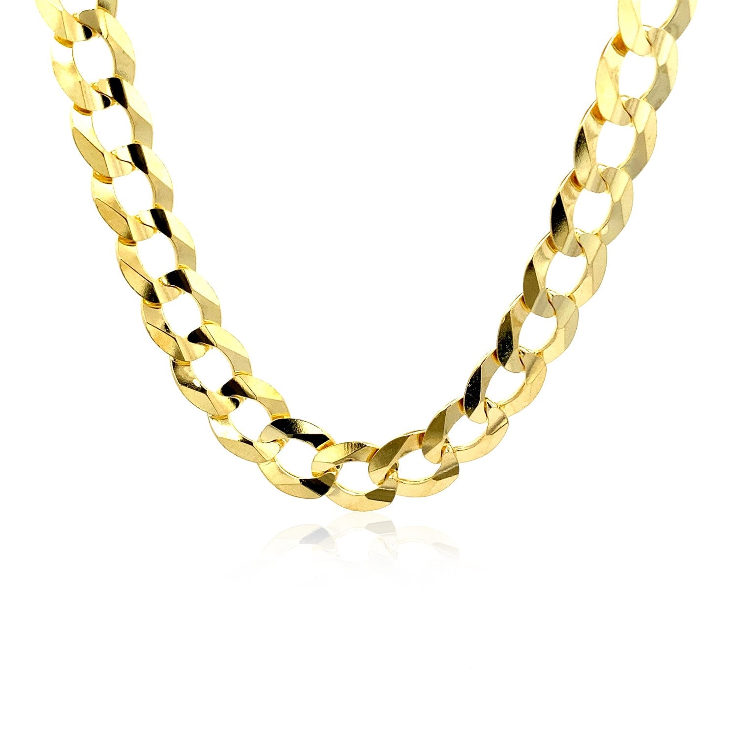 Solid 14k yellow gold curb chain, 11.23 mm wide, with a lobster clasp.