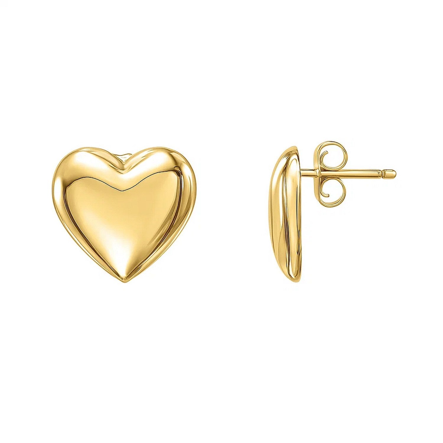 Puffed heart stud earrings in 14K yellow gold with a push back closure.