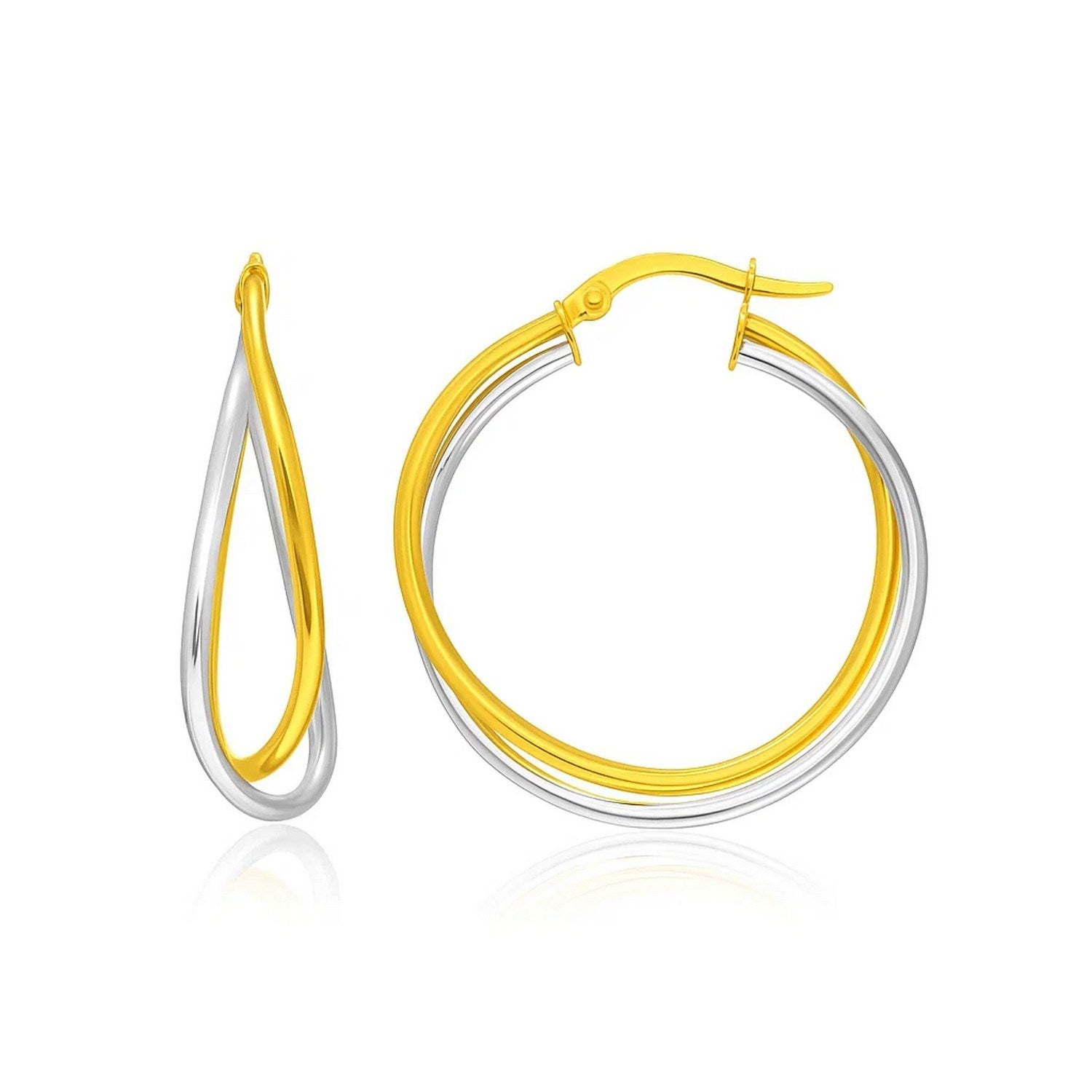 14k two-tone gold interlaced double row hoop earrings with snapbacks.