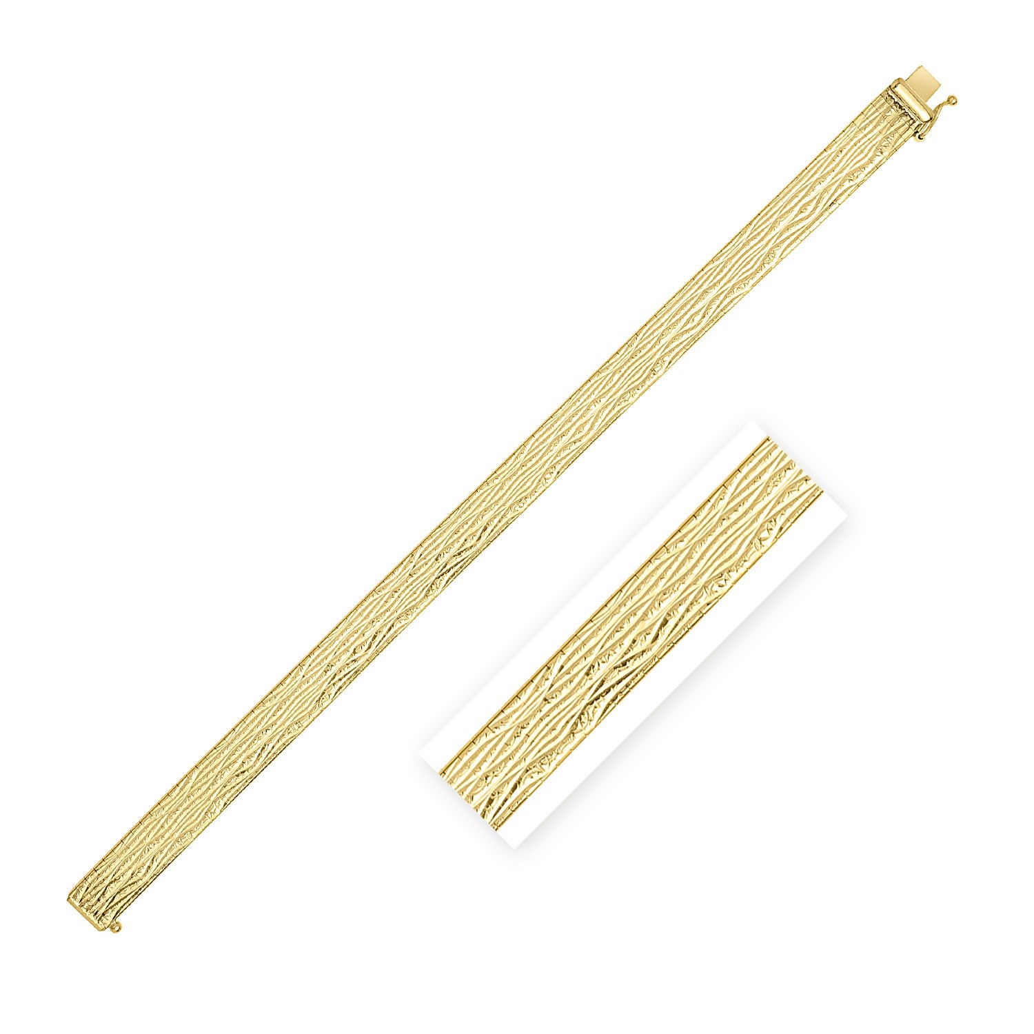 A textured 14K yellow gold bracelet with a box clasp.