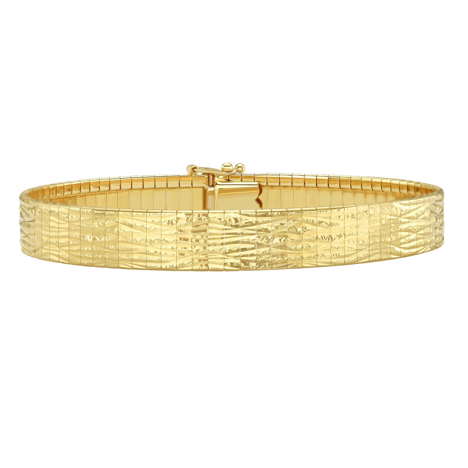 A yellow gold bracelet with a textured, diamond-cut design and a box clasp.