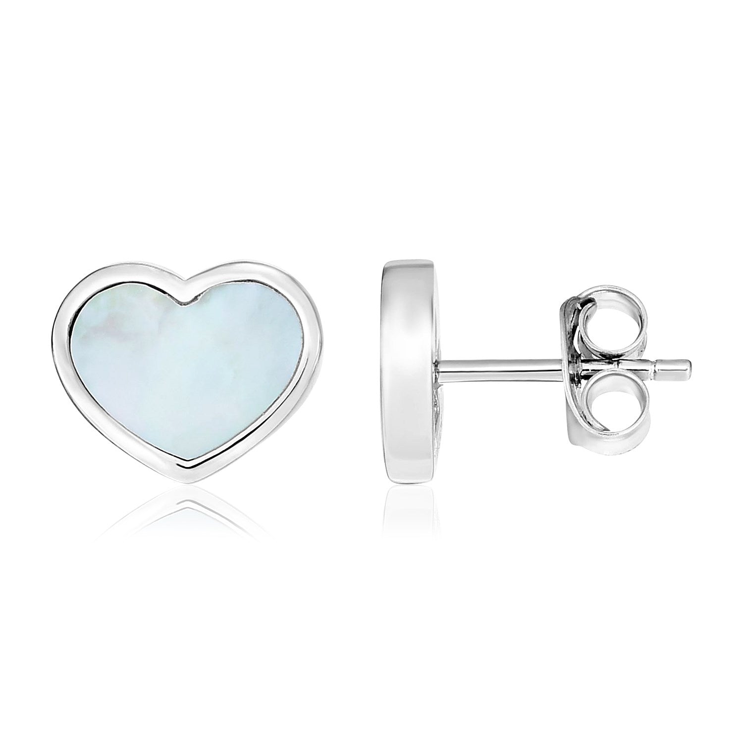 Sterling silver heart-shaped stud earrings with mother of pearl inlay and pushback clasps.