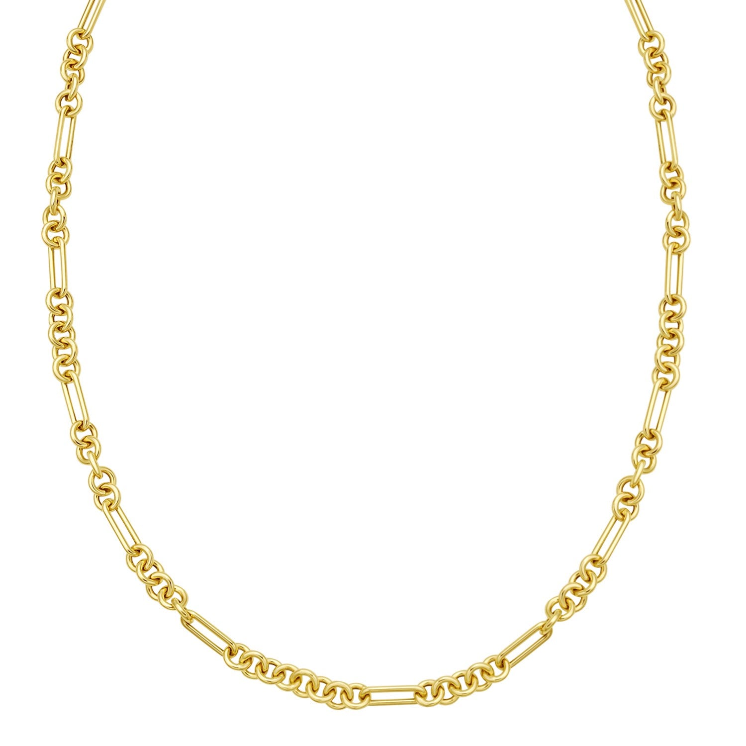 14K yellow gold five-and-one paperclip link chain necklace.