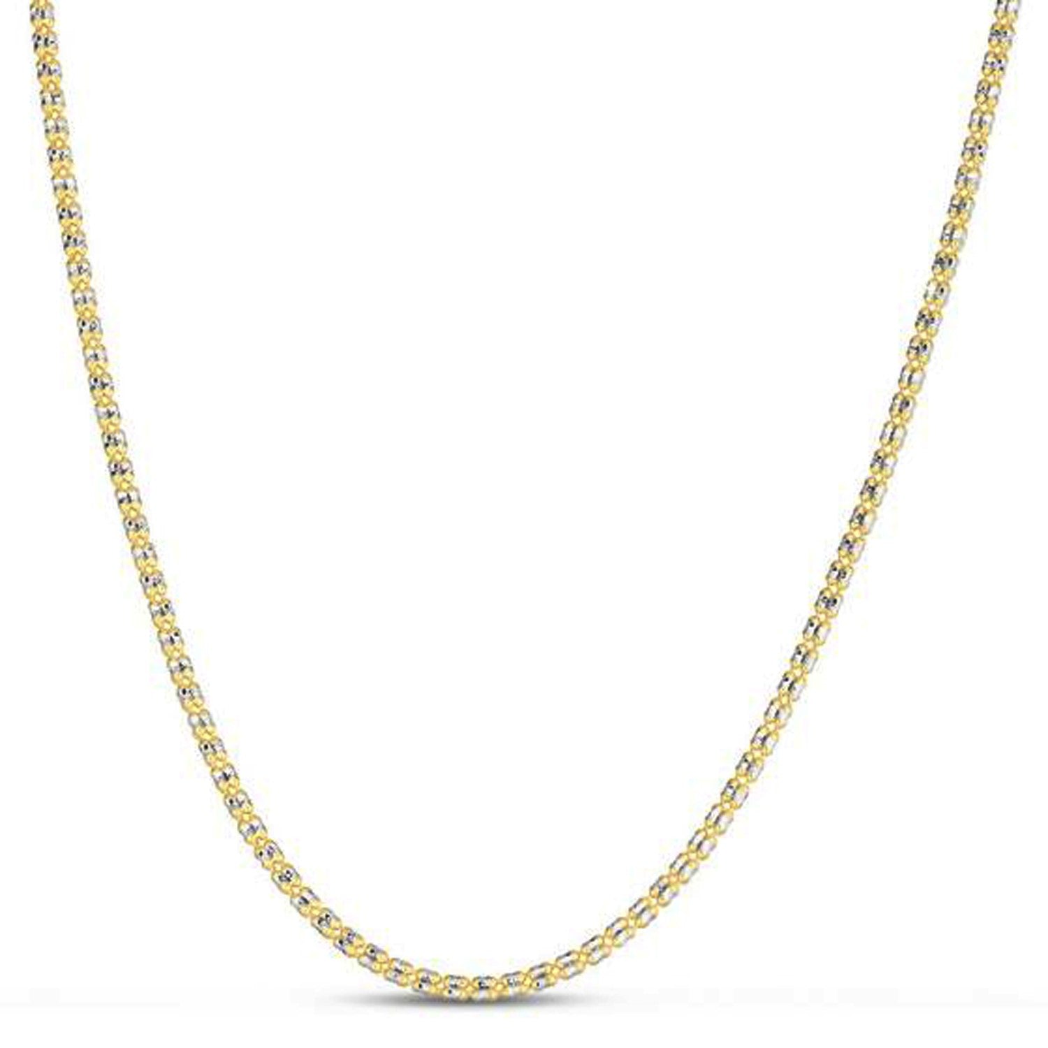 A 14k yellow gold ice barrel chain, 2.70 mm wide, is draped in a U-shape.