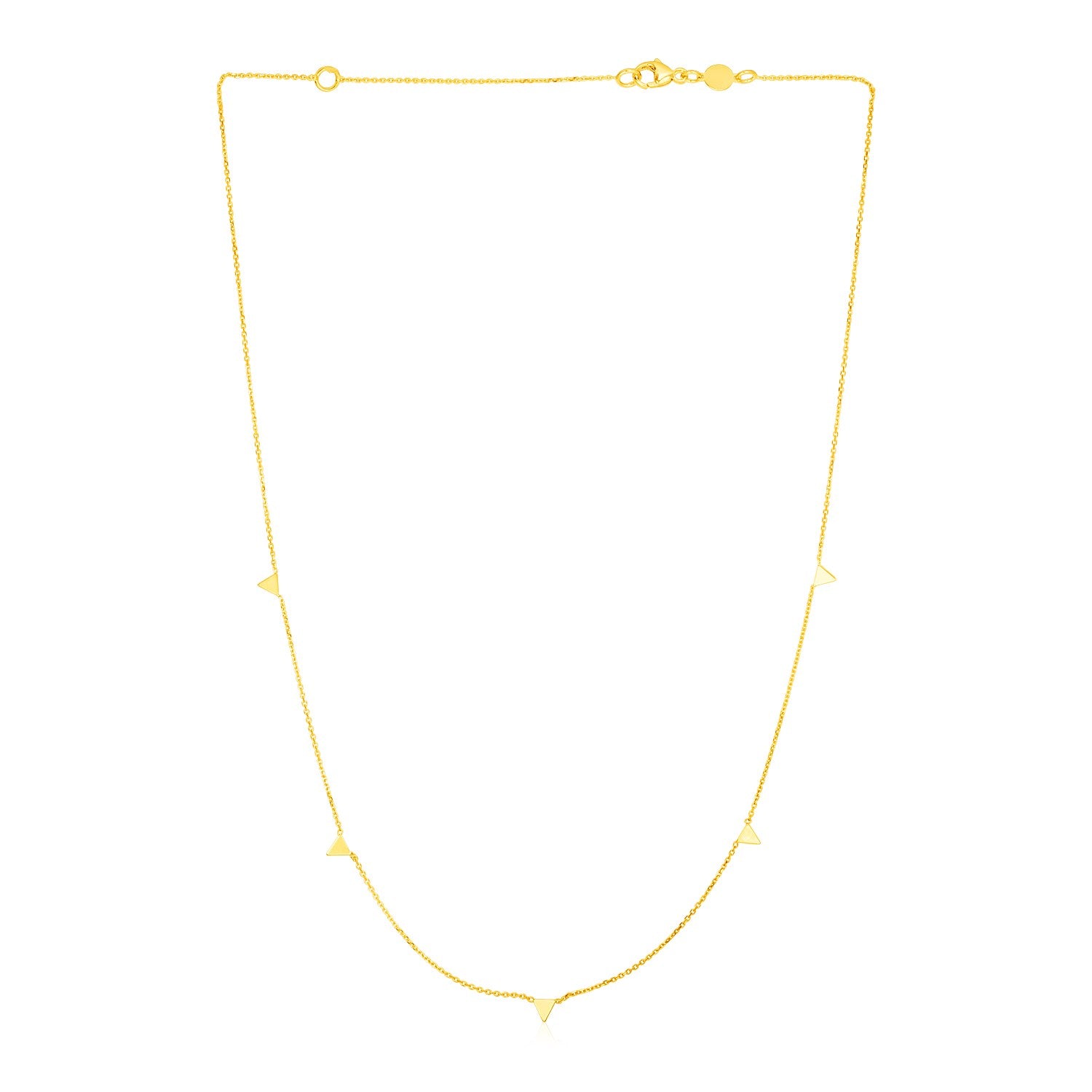 14K yellow gold necklace with five small triangle charms spaced along the chain.