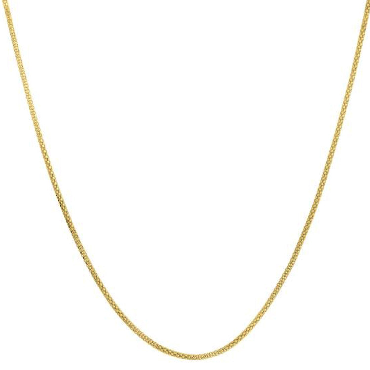 A 14k yellow gold popcorn chain, 1.60 mm wide, is draped against a white background.