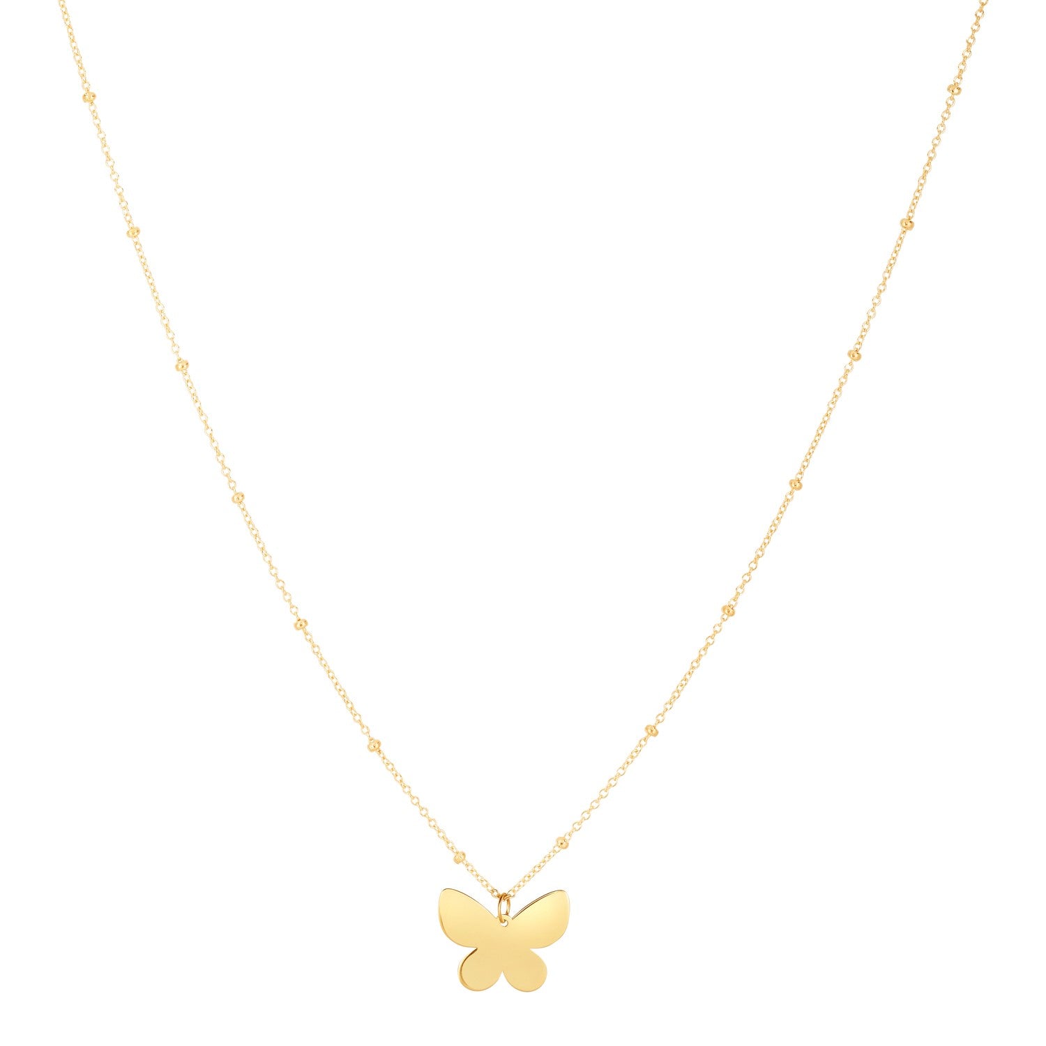 A 14k yellow gold butterfly pendant hangs from a delicate beaded chain.