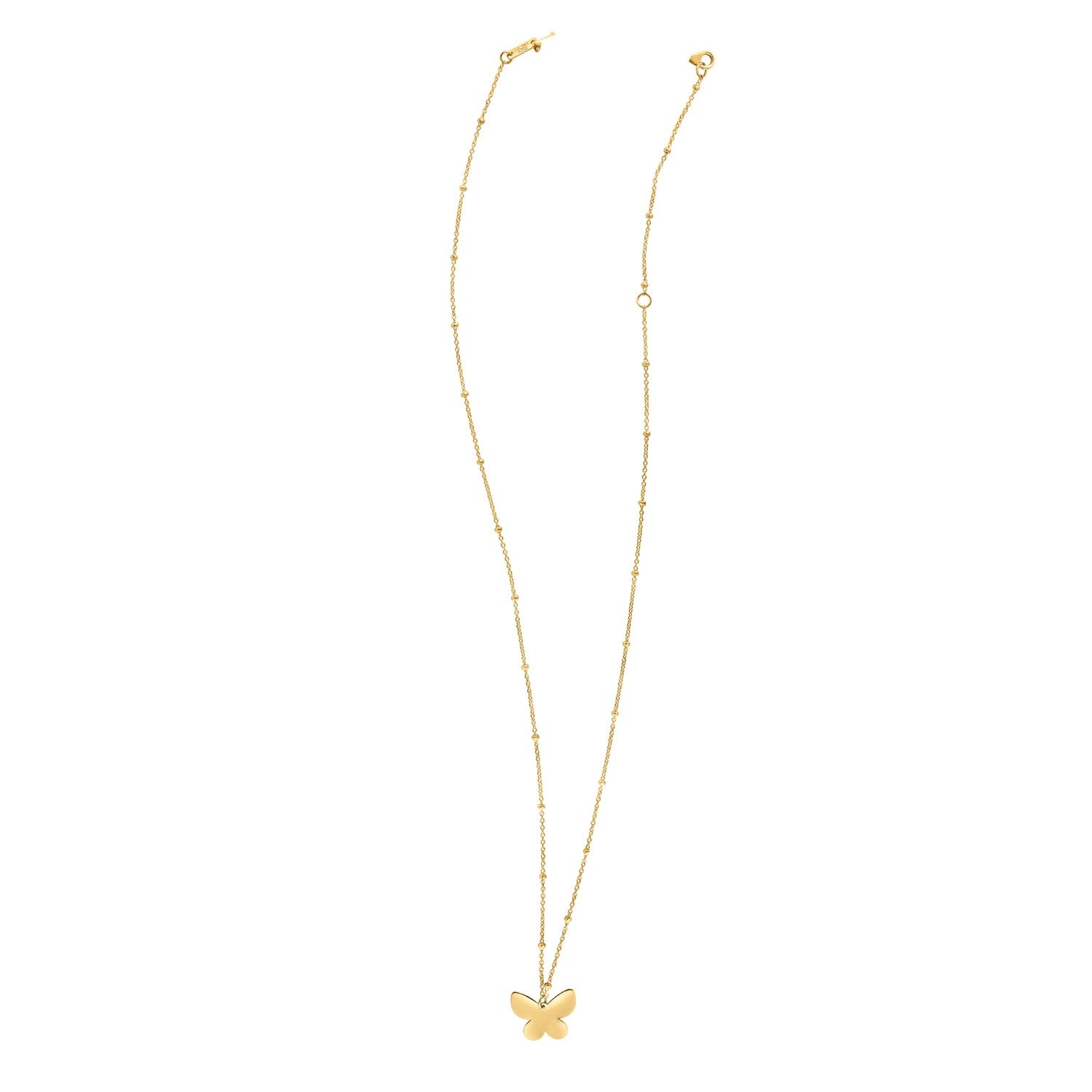 14k yellow gold butterfly necklace with a delicate beaded chain.