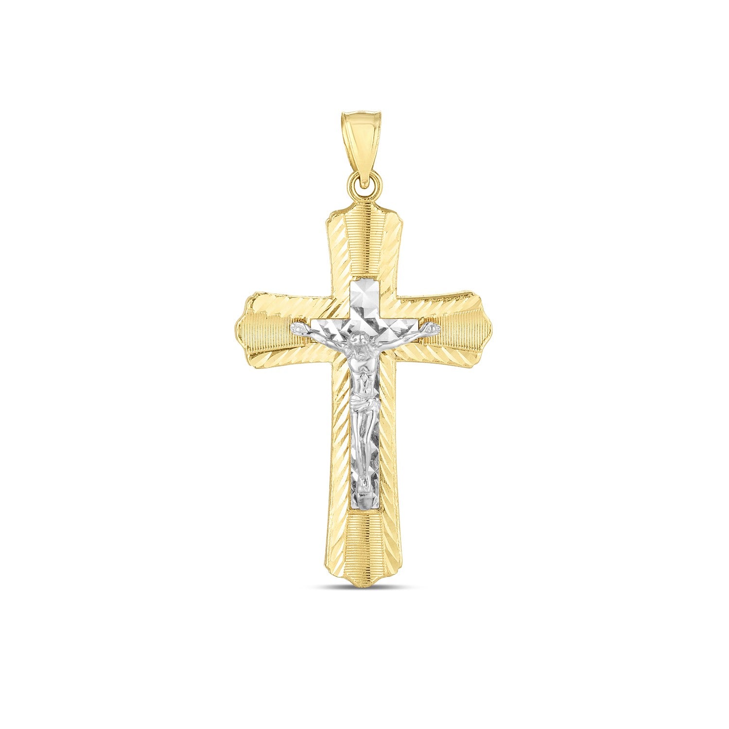 14k two-tone gold high polish diamond cut cross pendant with a crucifix.