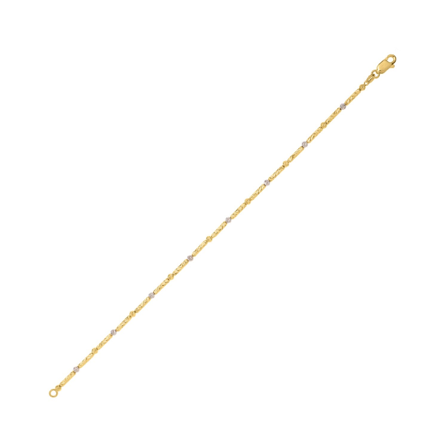 A two-tone 14K gold bar and bead bracelet with a lobster clasp.