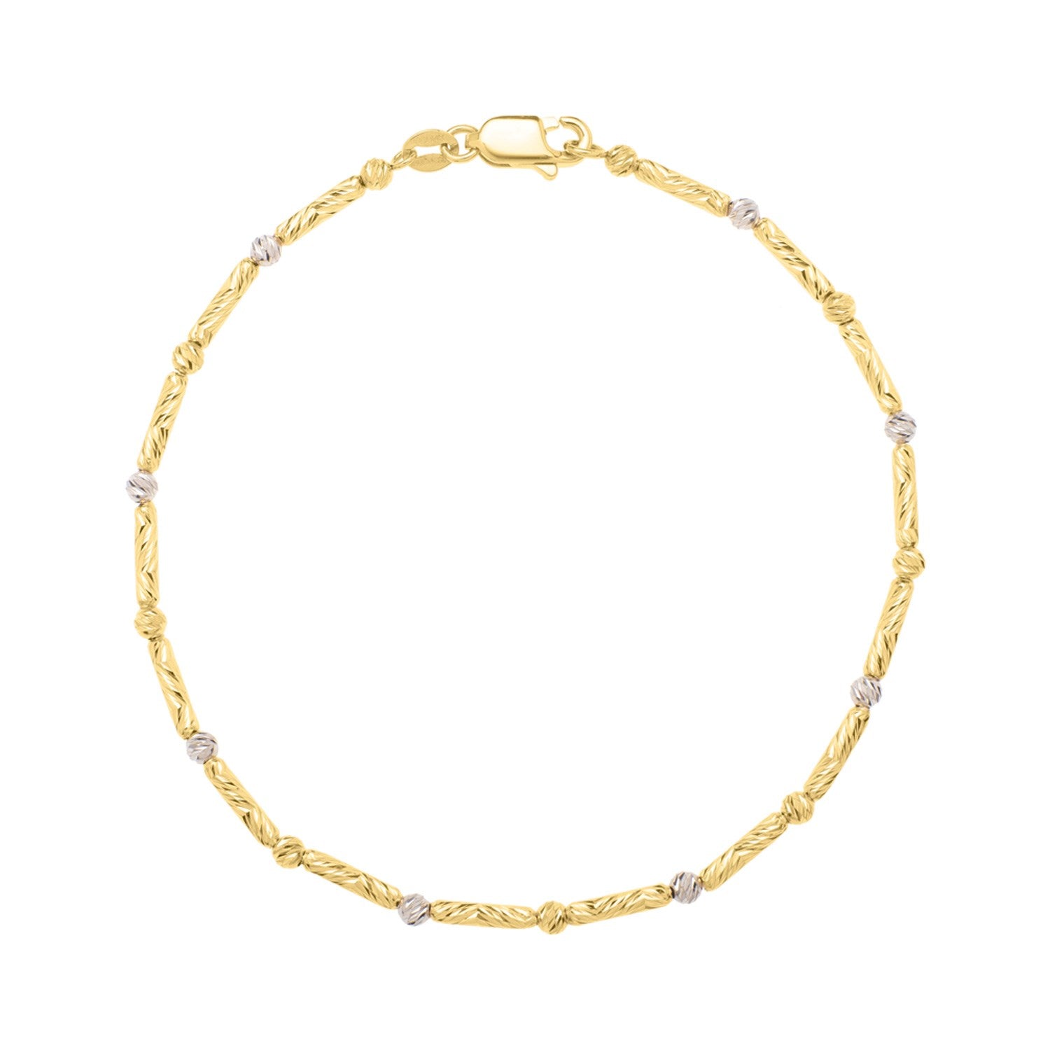 A two-tone 14K gold bracelet with textured silver beads and elongated gold bars.