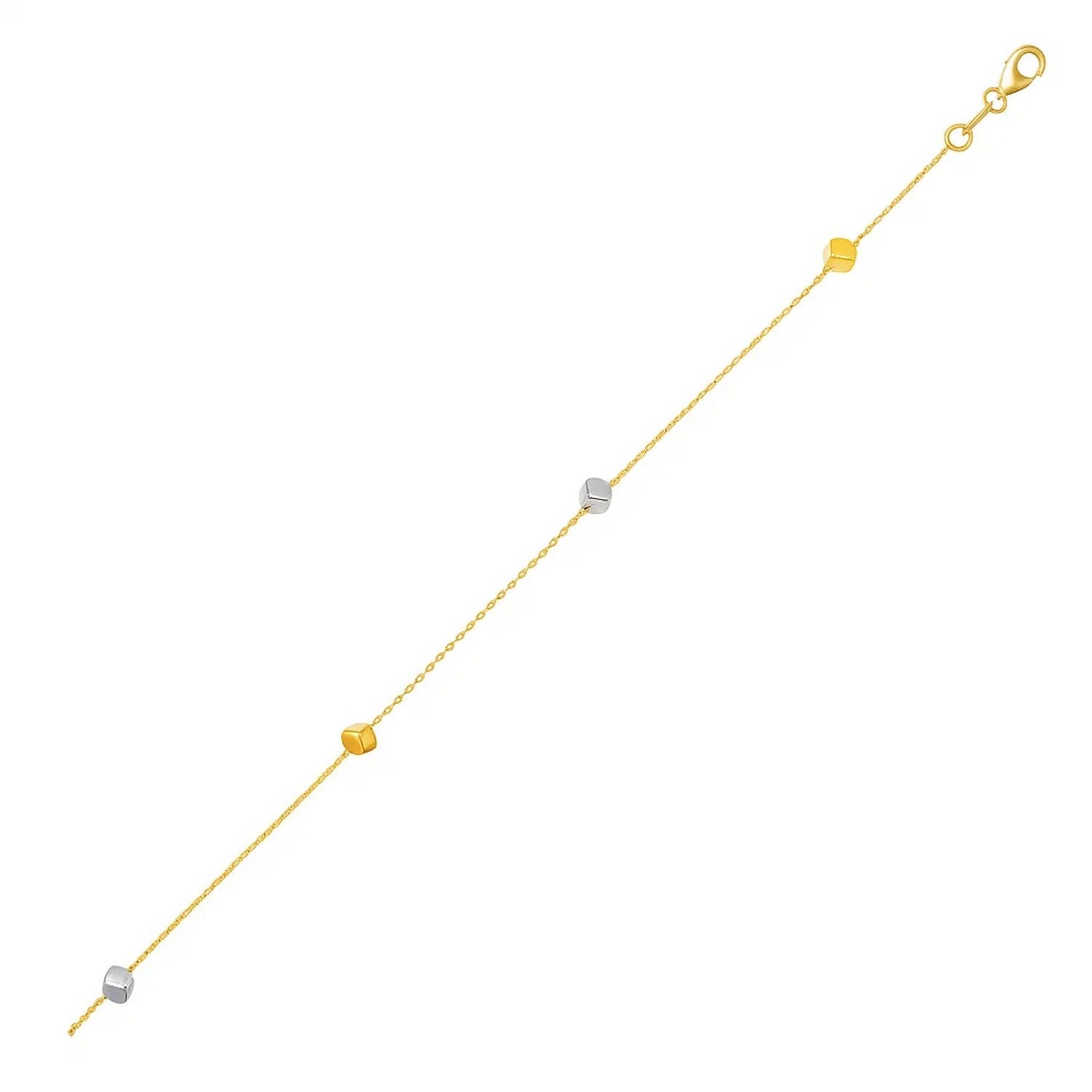 14k two-tone gold bracelet with polished yellow and white gold cubes.