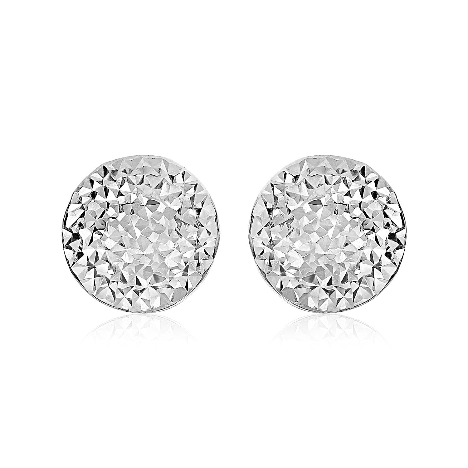 Two round sterling silver earrings with a hammered texture and a subtle reflection below.