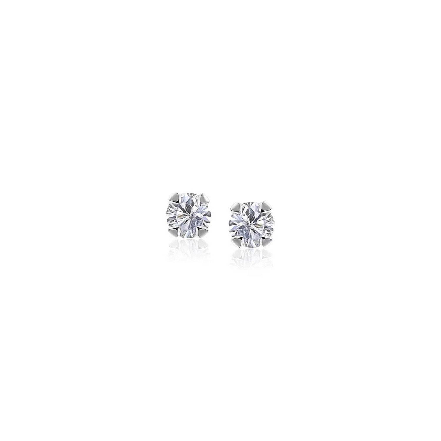 Two round white cubic zirconia stud earrings in 14k white gold with a push back.