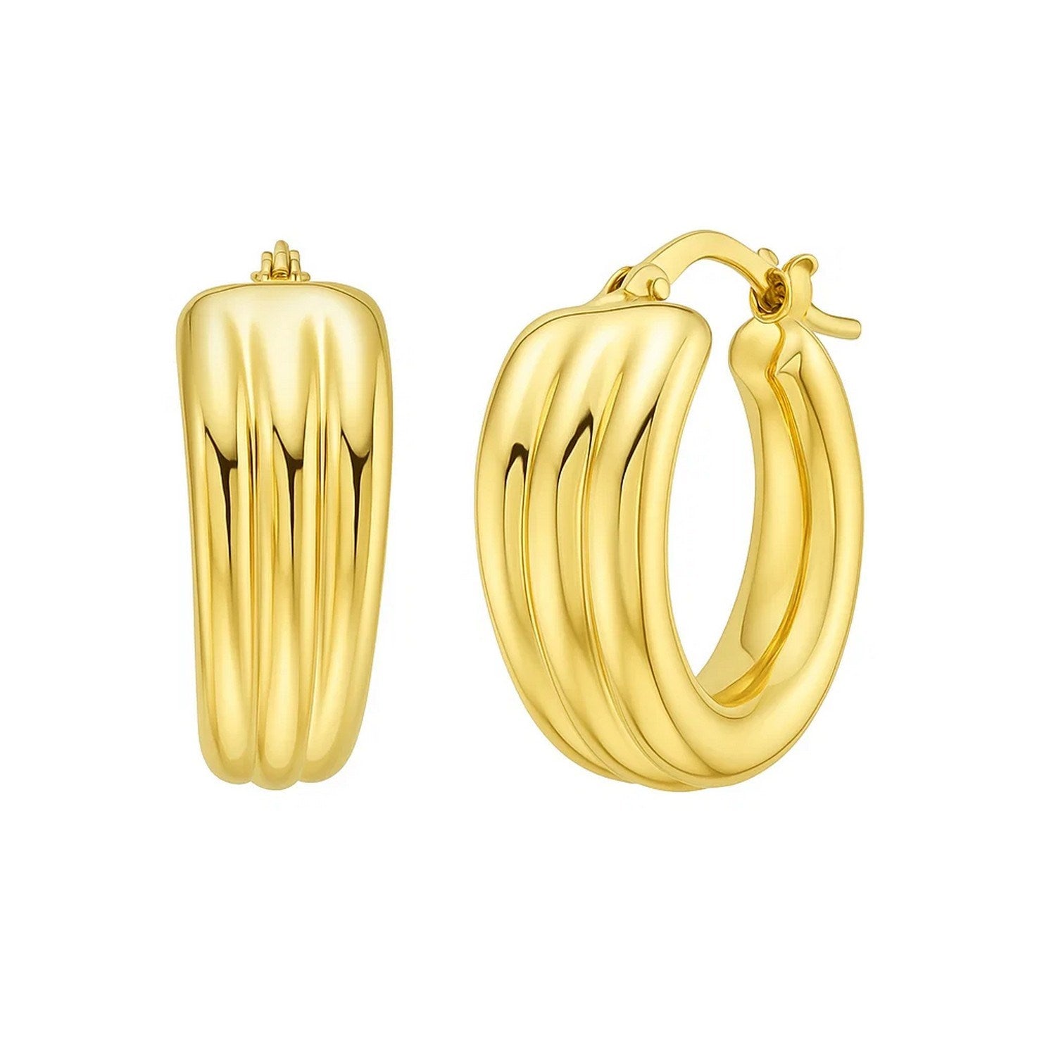 14K yellow gold 3-row graduated hoop earrings with a hinged snap back.