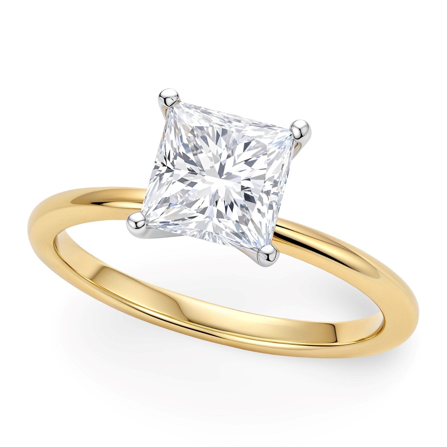 A princess-cut diamond solitaire ring with a yellow gold band and white gold prongs.