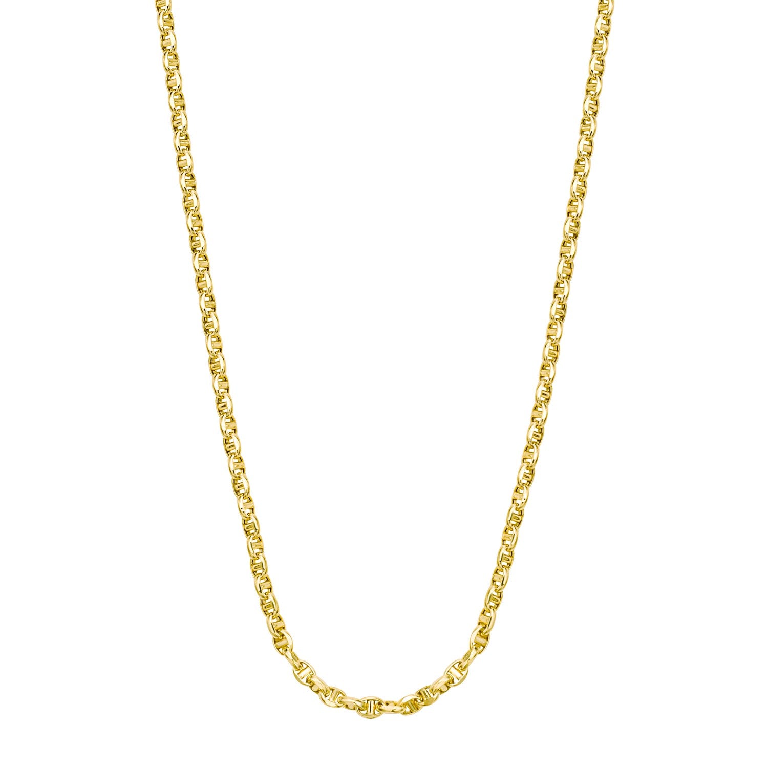 A polished 14k yellow gold lite anchor chain with a lobster clasp.