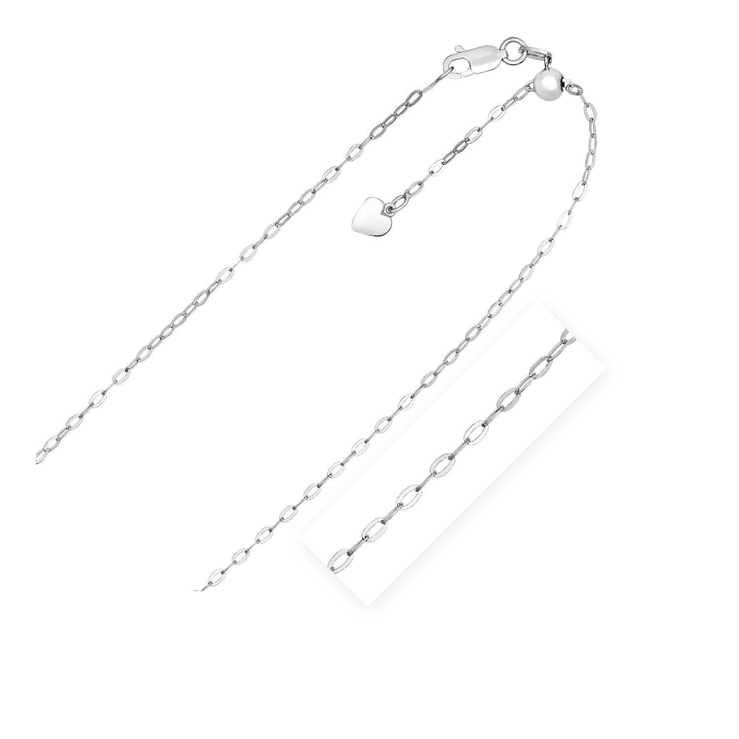 Sterling silver adjustable piatto chain with a heart dangle and lobster clasp.