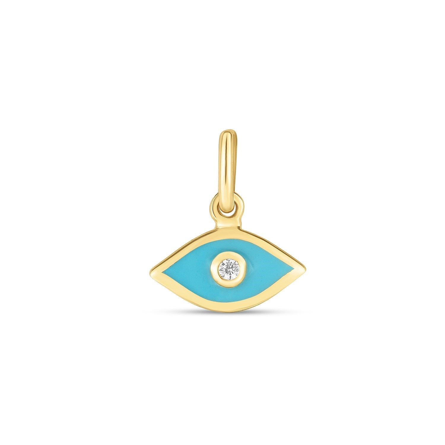 14k yellow gold mini blue enamel evil eye charm with a diamond accent.