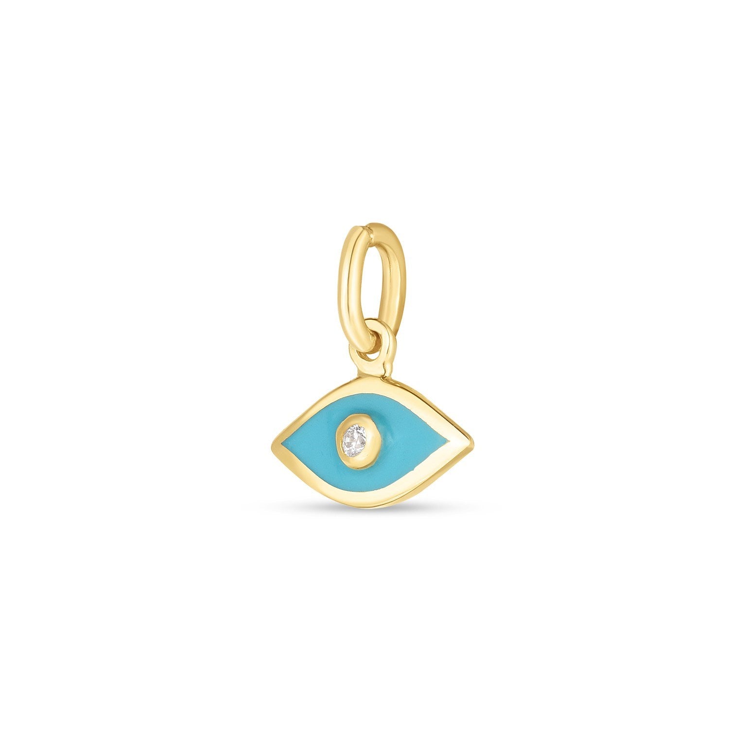 14k yellow gold mini blue enamel evil eye charm with a diamond accent.
