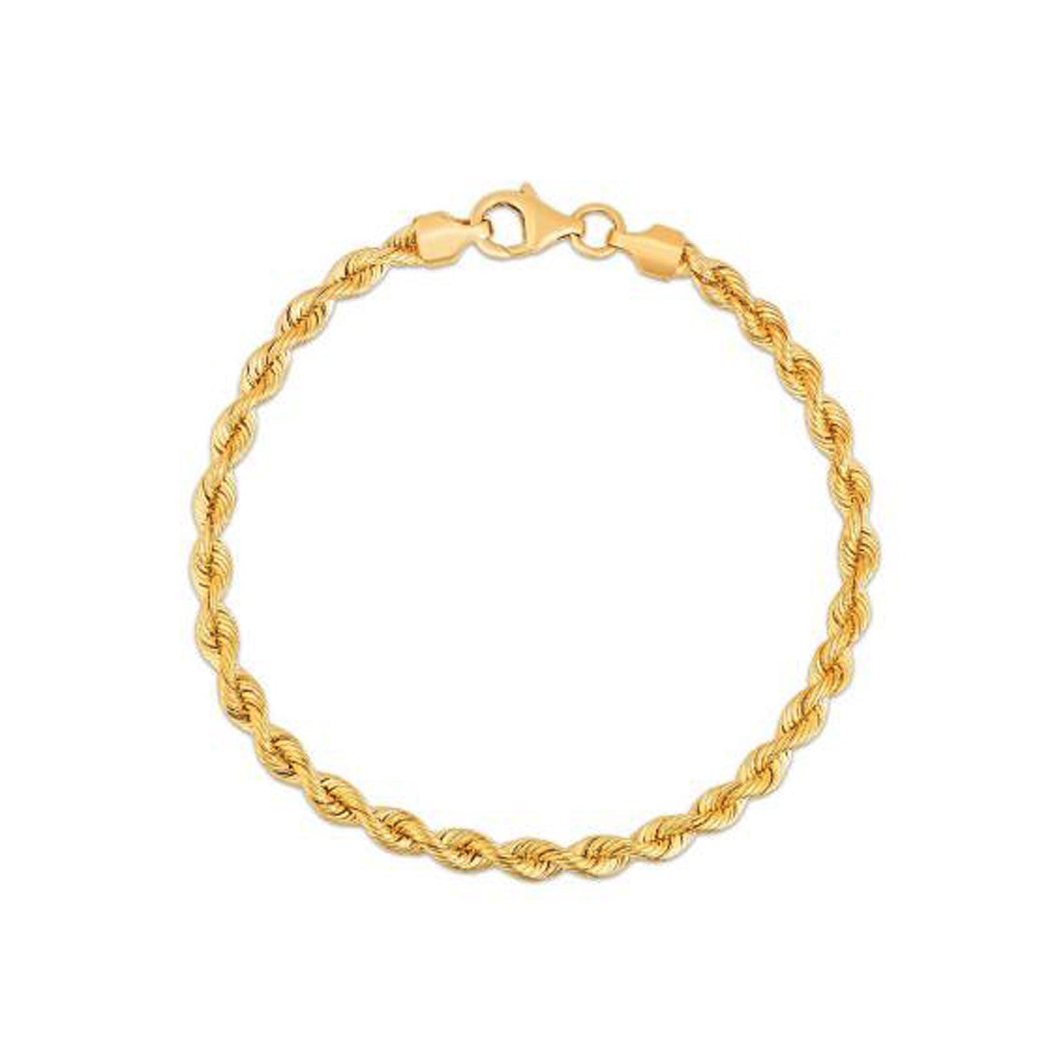 A 14k yellow gold rope chain bracelet with a lobster clasp.