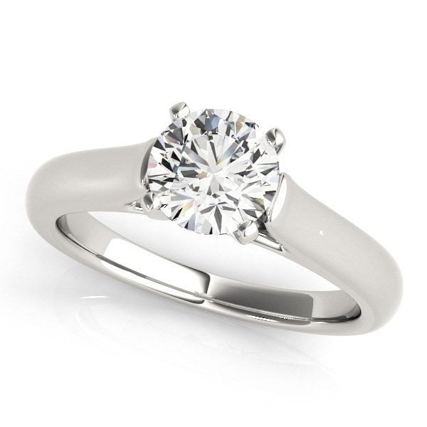 14k white gold cathedral design solitaire diamond engagement ring with a round diamond.