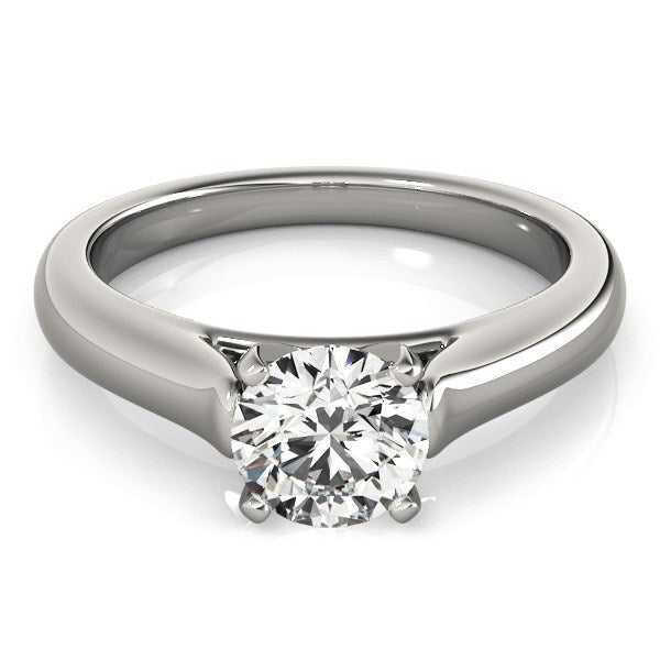 14k white gold cathedral design solitaire diamond engagement ring.