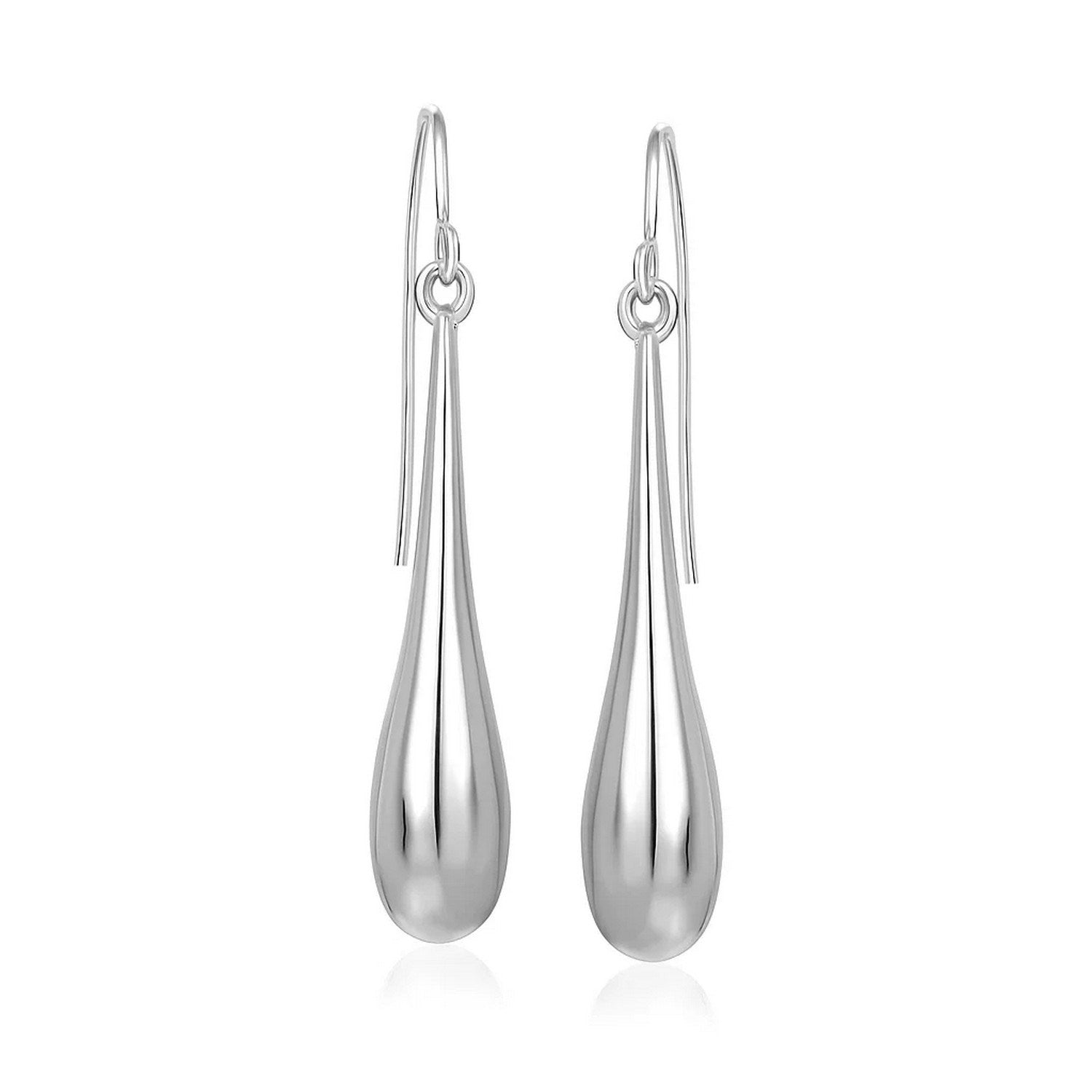 14k white gold long polished teardrop dangling earrings with French wire backings.