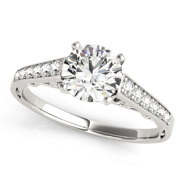 14k white gold cathedral design diamond engagement ring with a round center stone.