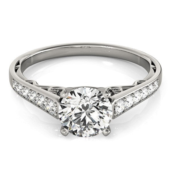 14k white gold cathedral design engagement ring with a round diamond and side stones.