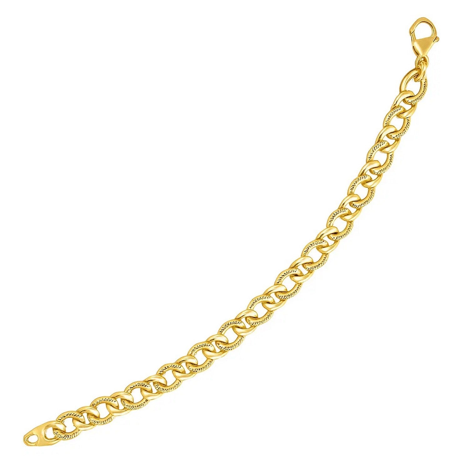 14k yellow gold curb chain bracelet with diamond cuts and a lobster clasp.