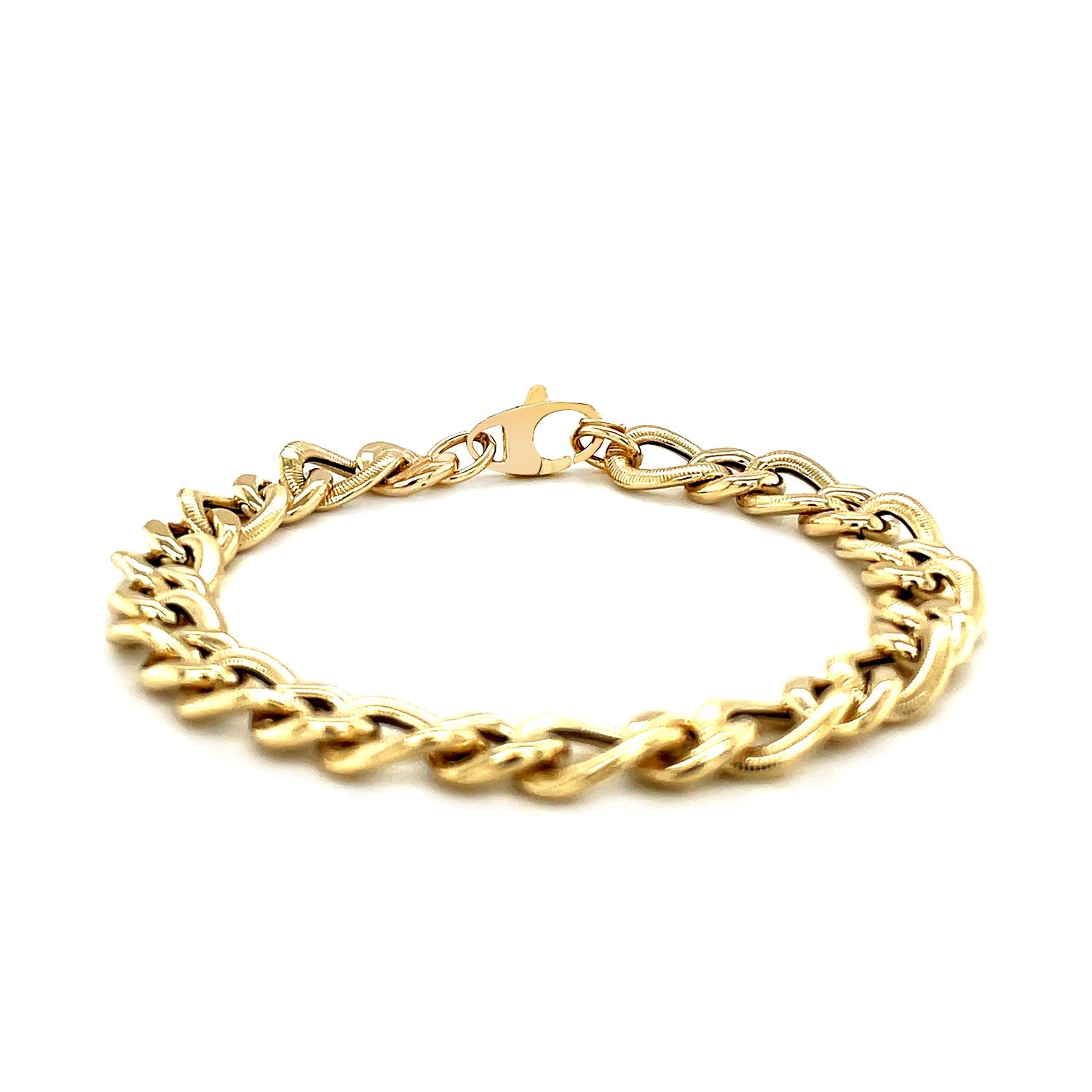 14k yellow gold curb chain bracelet with diamond cuts and a lobster clasp.