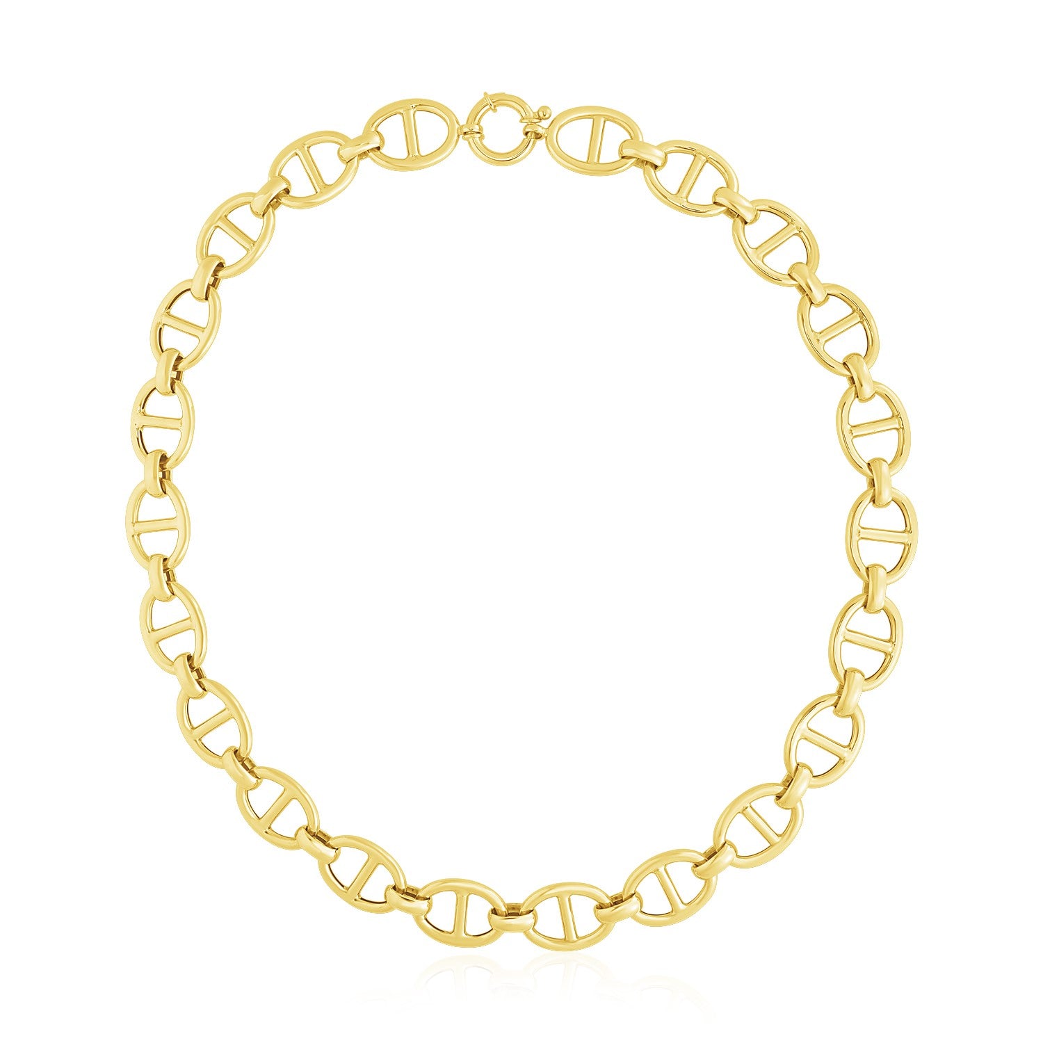 14k yellow gold high polish oval mariner link necklace with a spring clasp.