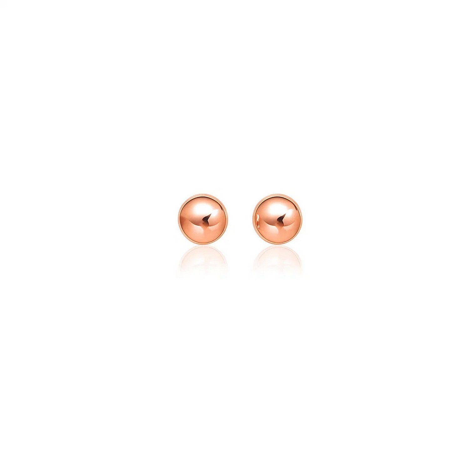 A pair of 14k rose gold classic round stud earrings with a shiny finish.