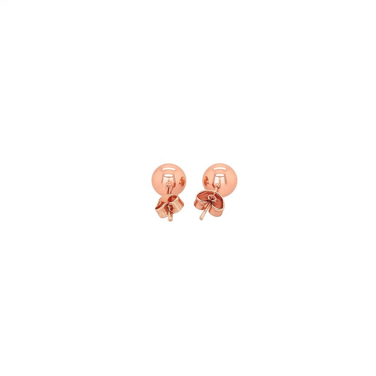 A pair of 14k rose gold classic round shape stud earrings with push backs.