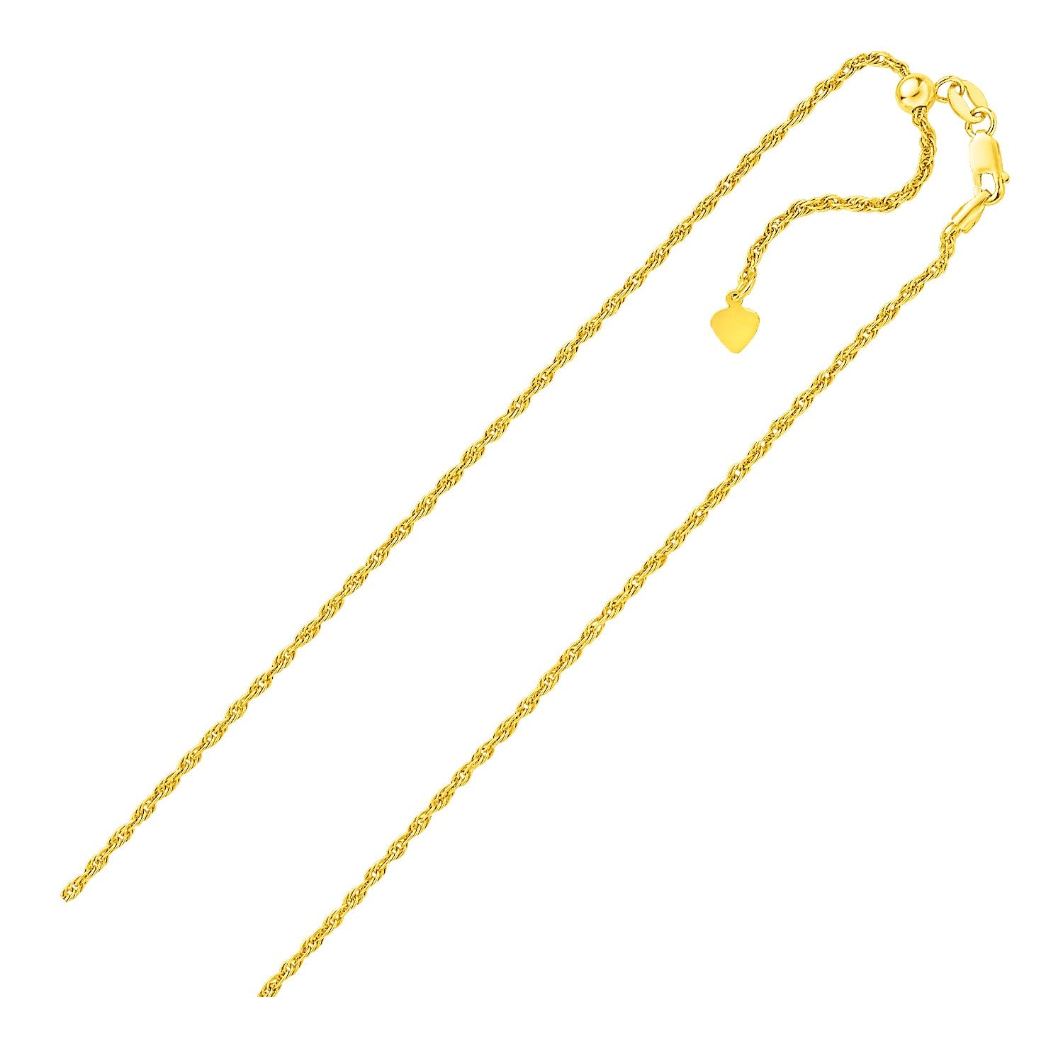 Yellow finish sterling silver 1.5mm adjustable rope chain with a heart dangle.