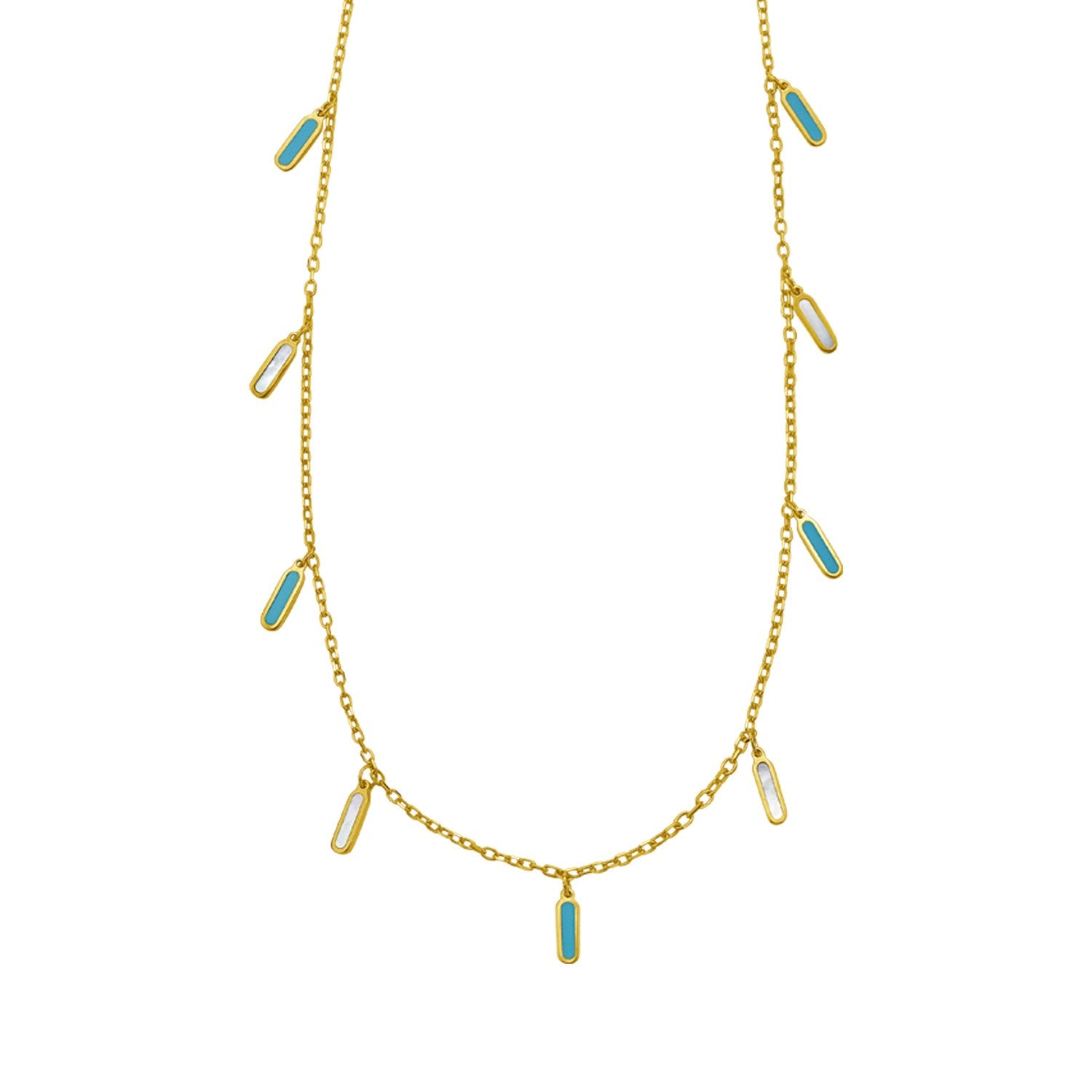 14K yellow gold station necklace with alternating turquoise and mother-of-pearl inlays.