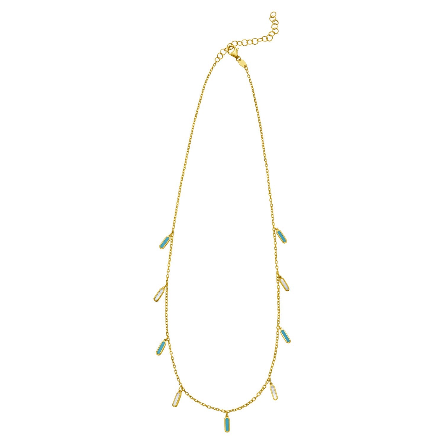 14K yellow gold station necklace with alternating turquoise and mother-of-pearl inlays.