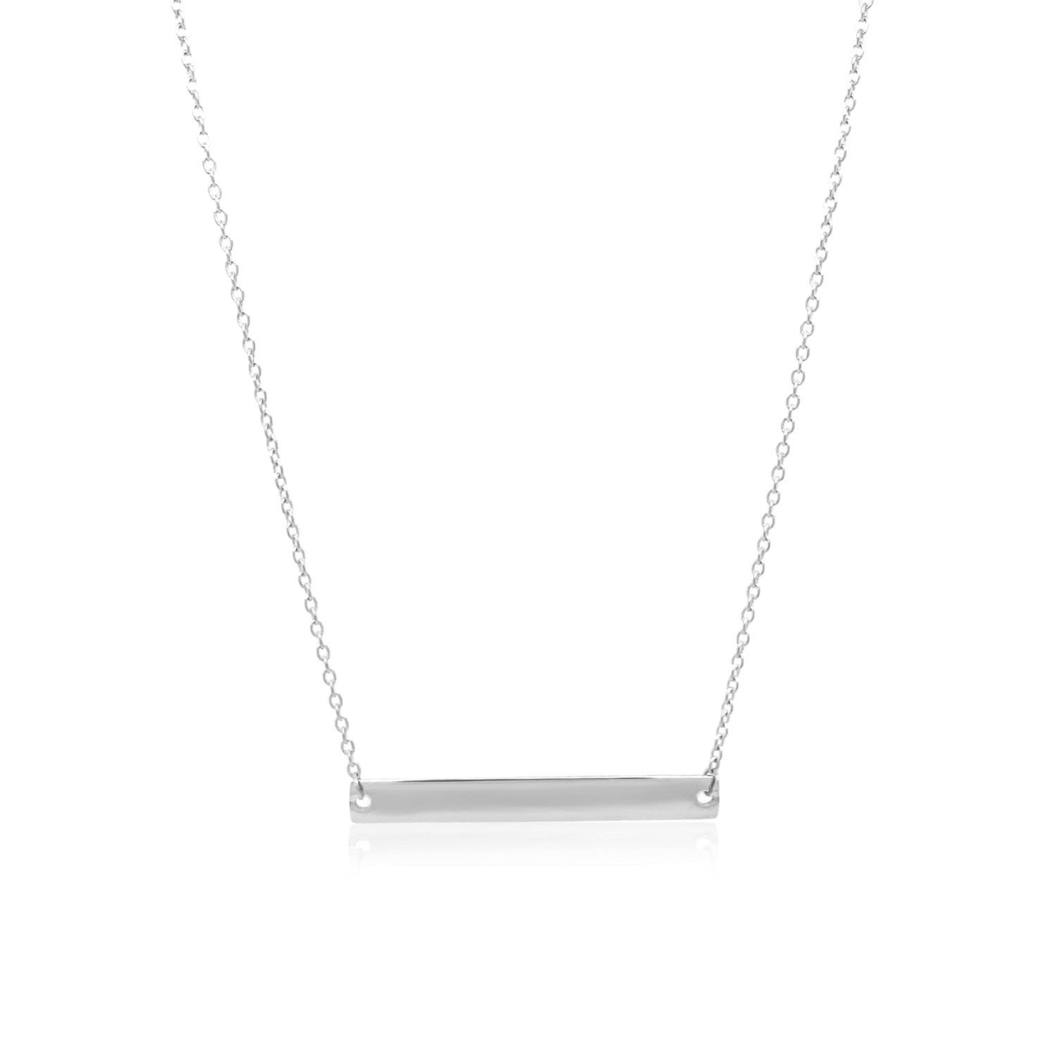 14k white gold smooth flat horizontal bar style necklace with a delicate chain.