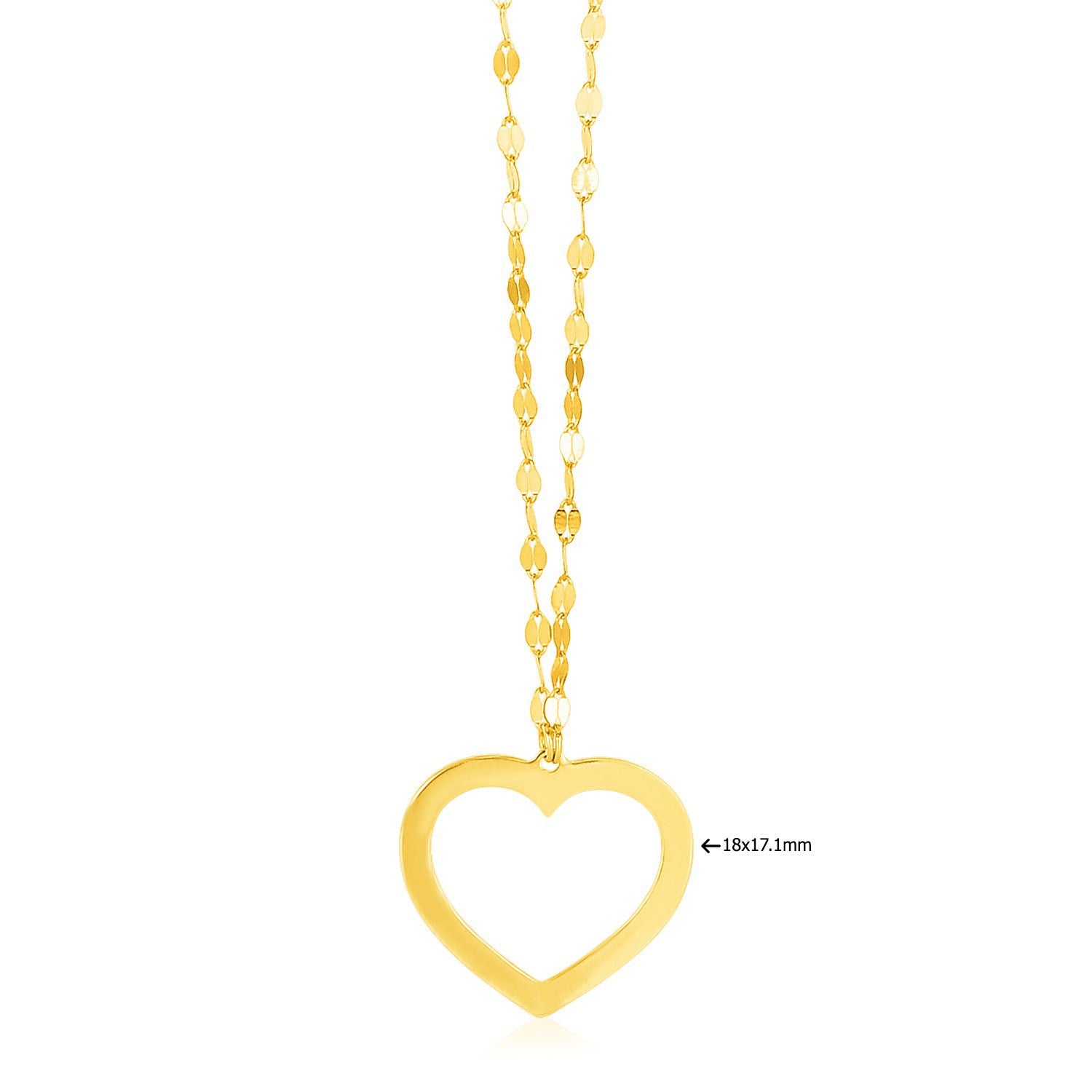 14k yellow gold necklace with a reversible heart pendant, measuring 18x17.1mm.