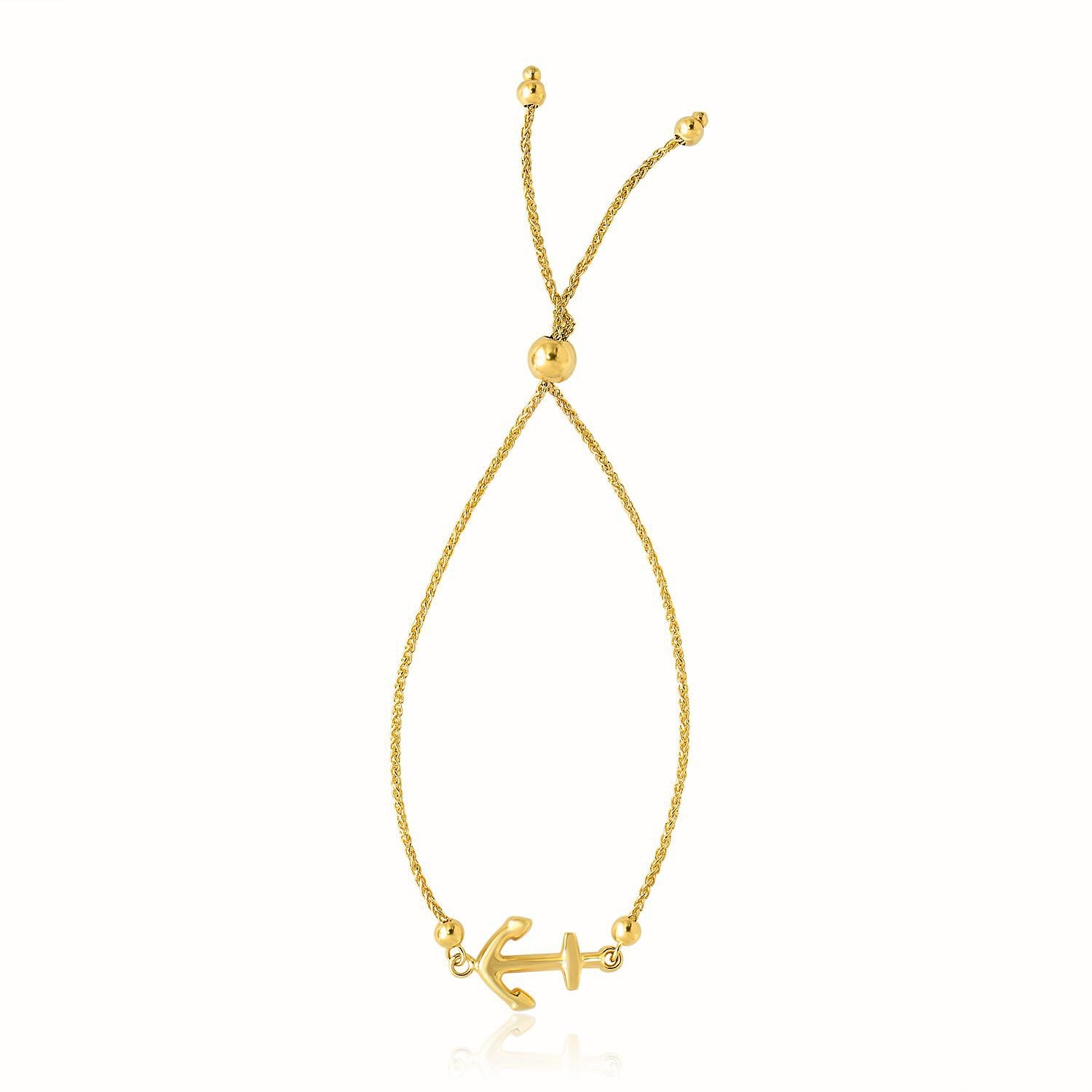 14k yellow gold adjustable lariat bracelet with an anchor design.