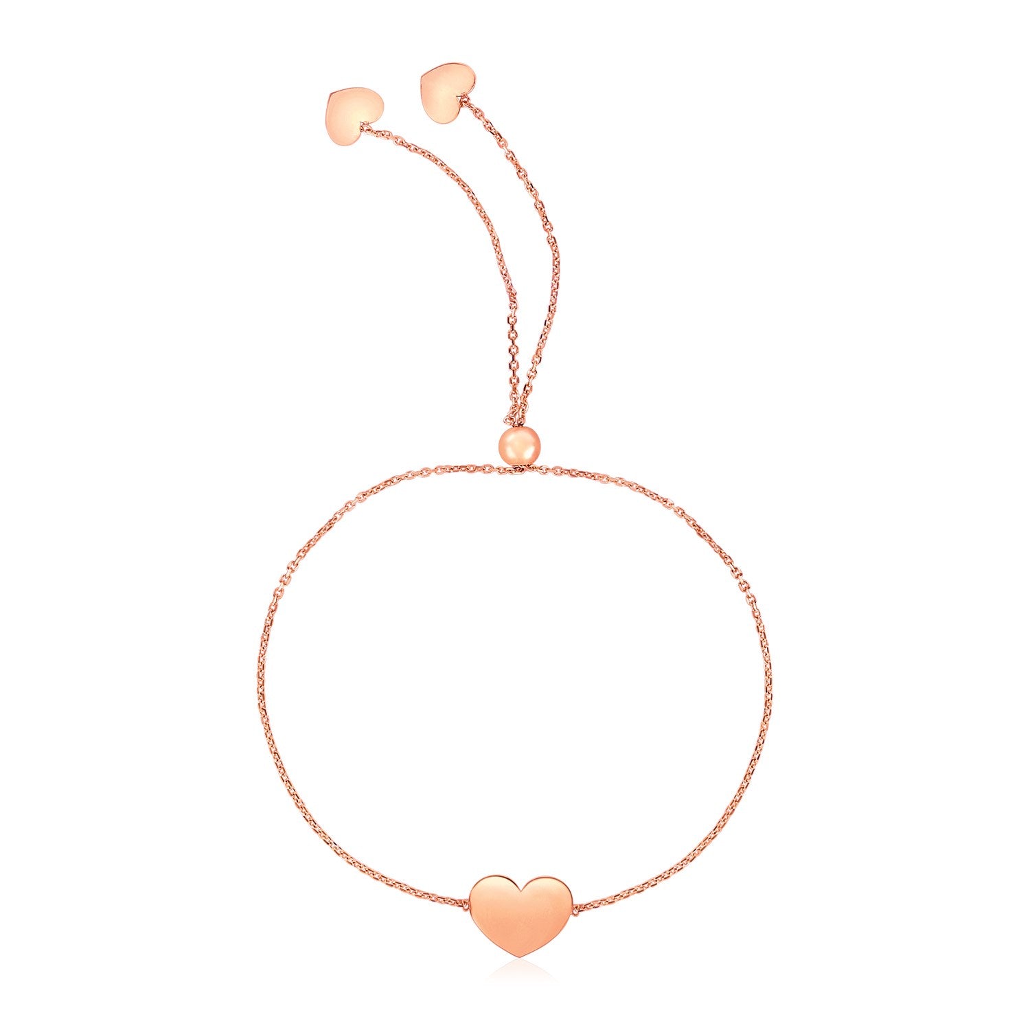 14k rose gold adjustable bracelet with a polished heart and two small heart charms.